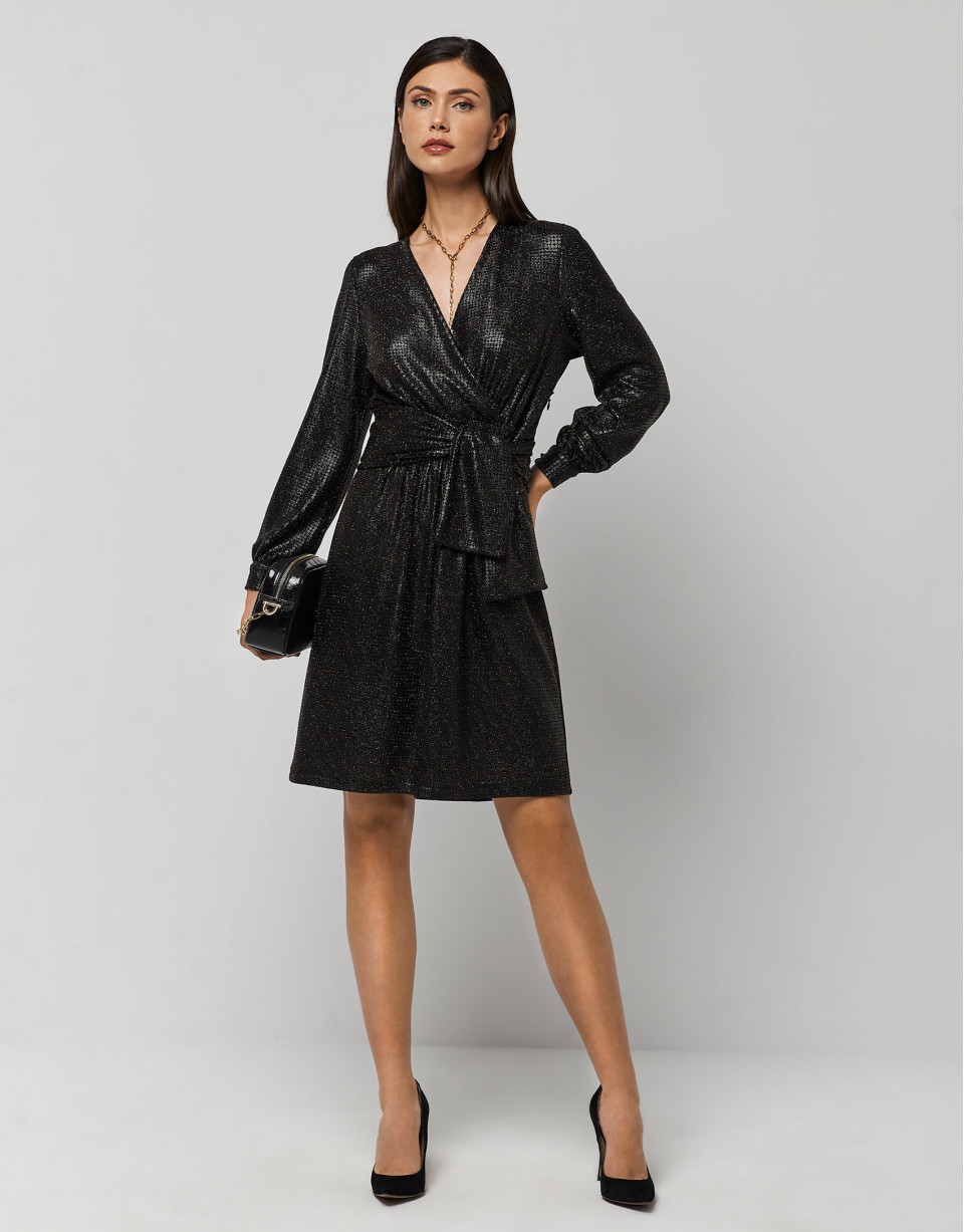 Black and gold draped V-neck dress with sequins | Roberto Verino