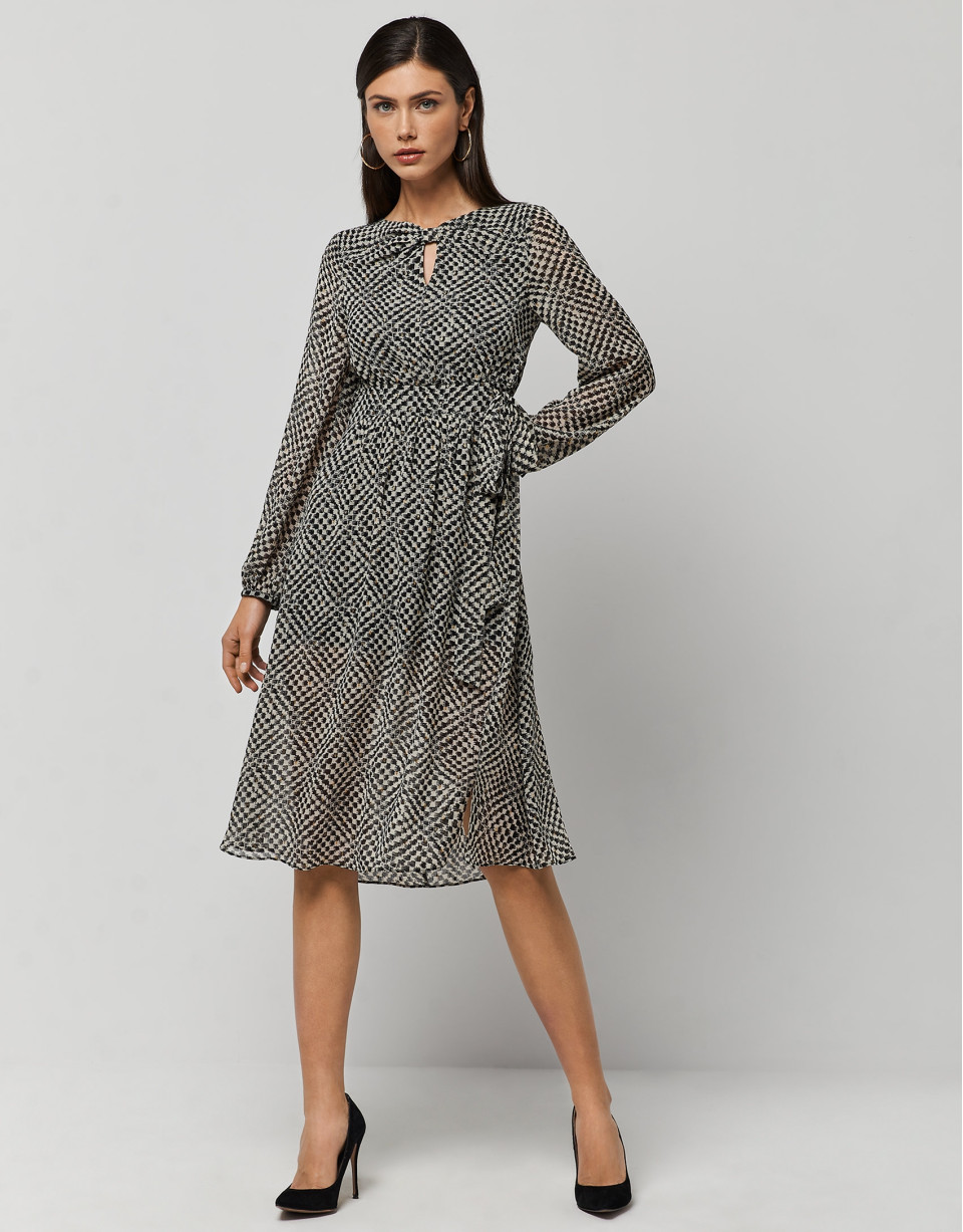 Draped dress with beige, black and gold print | Roberto Verino