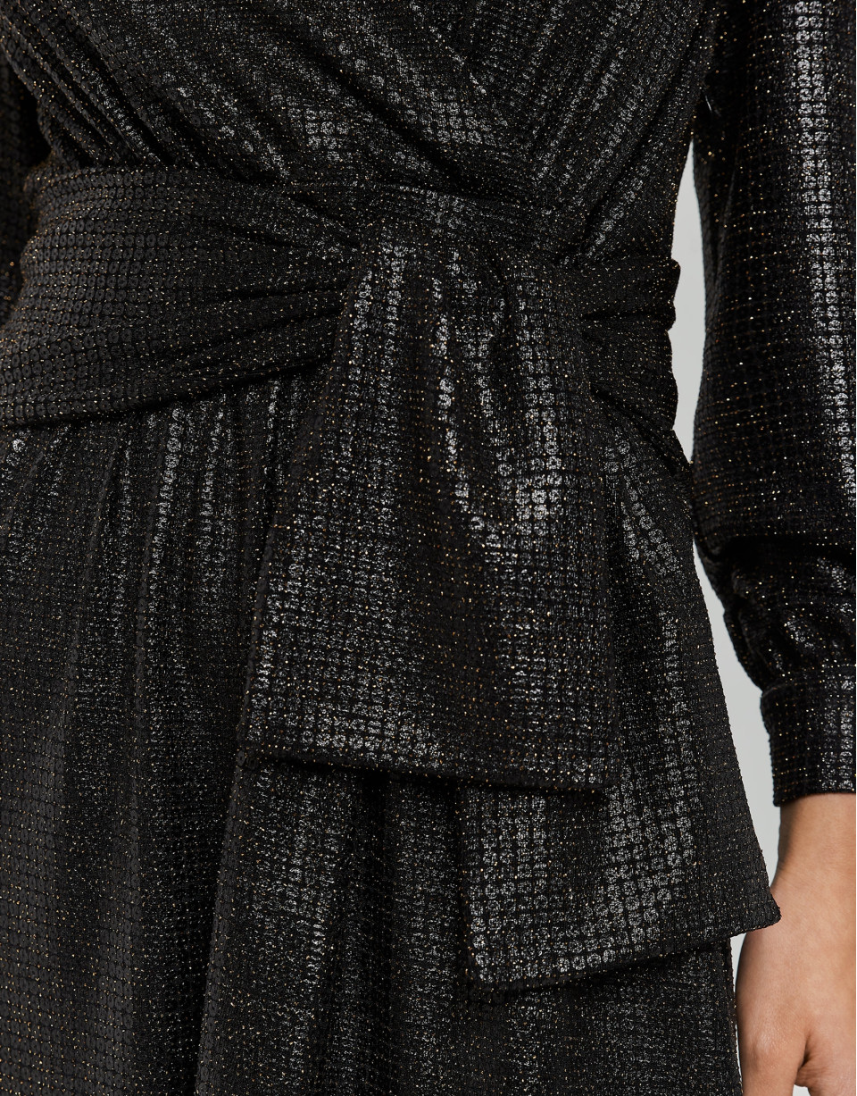 Black and gold draped V-neck dress with sequins | Roberto Verino