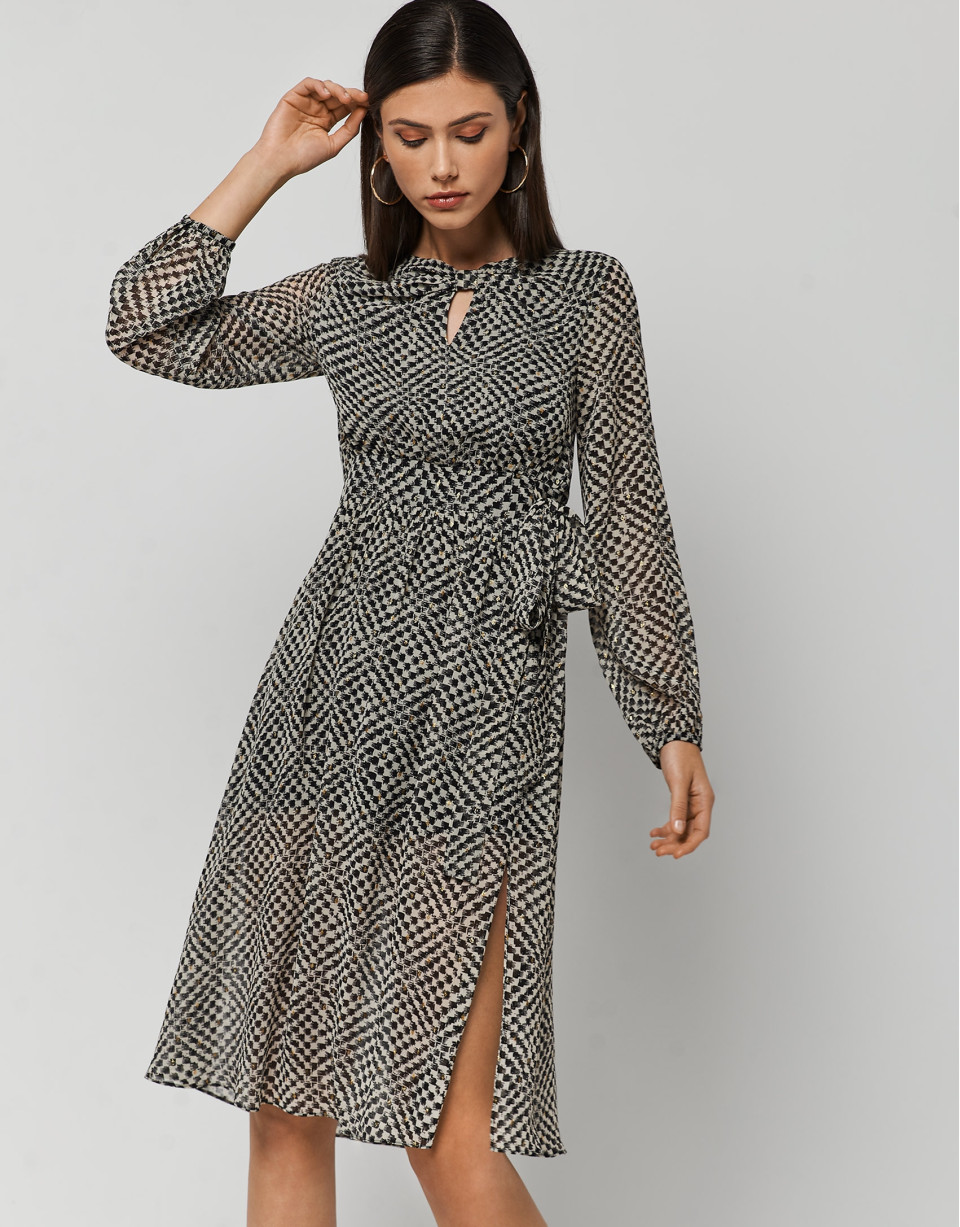 Draped dress with beige, black and gold print | Roberto Verino