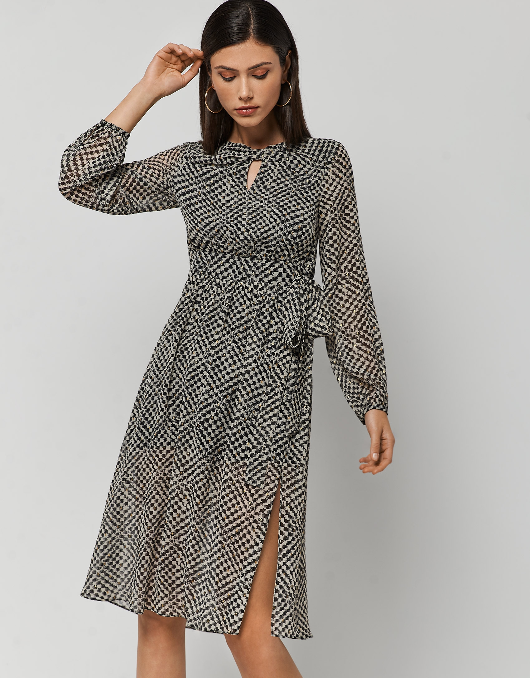Draped dress with beige, black and gold print | Roberto Verino