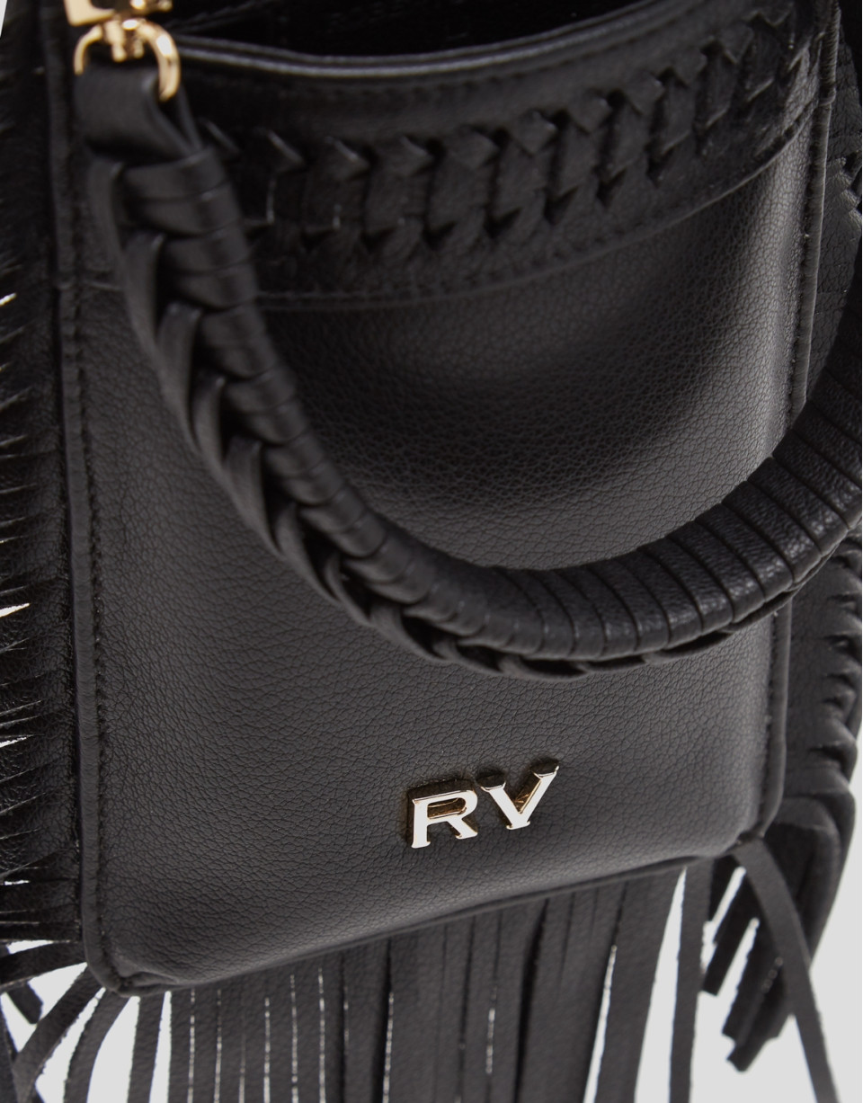 Bolso porta móvil flecos y trenzado piel negro | Roberto Verino