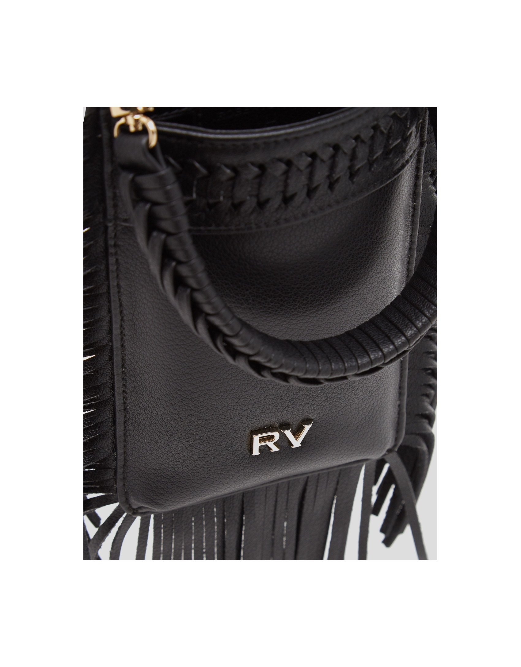 Bolso porta móvil flecos y trenzado piel negro | Roberto Verino