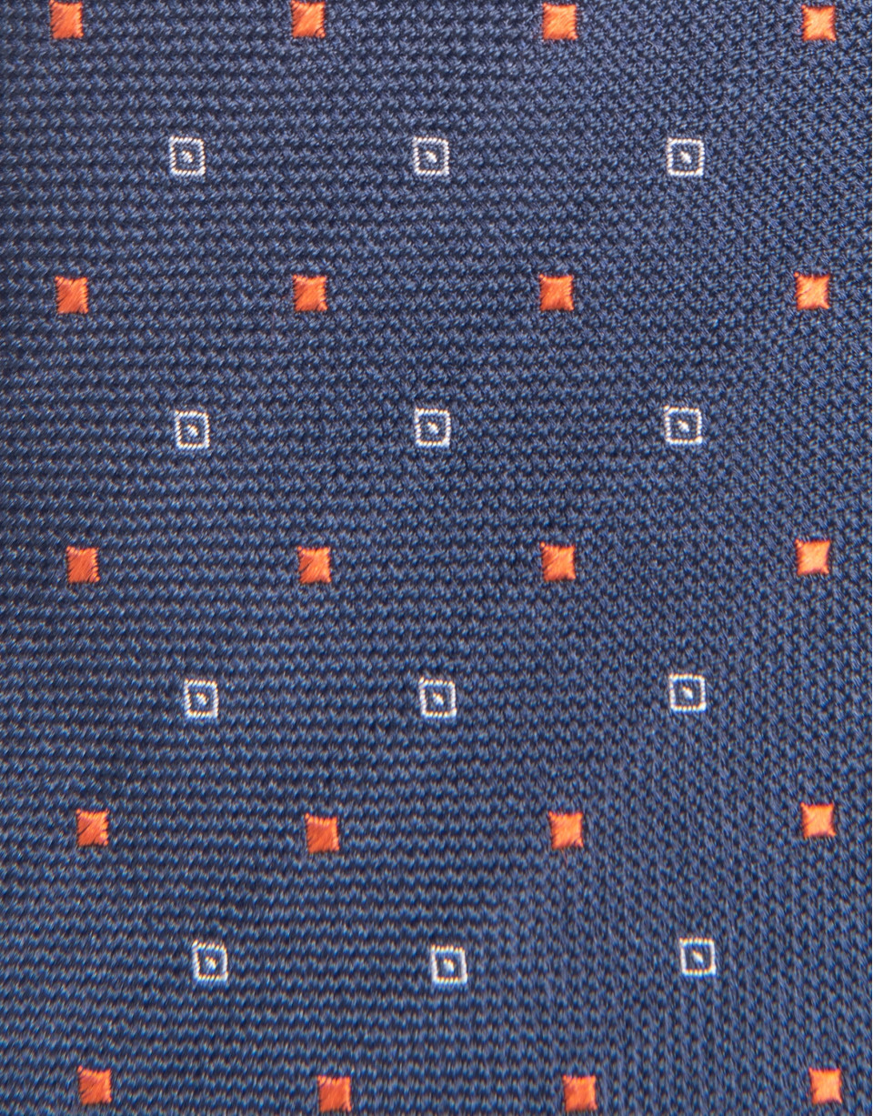 Blue silk tie with orange and beige geometric... | Roberto Verino