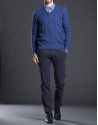 Blue V-neck sweater with cable stitch design 