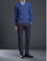 Blue V-neck sweater with cable stitch design 