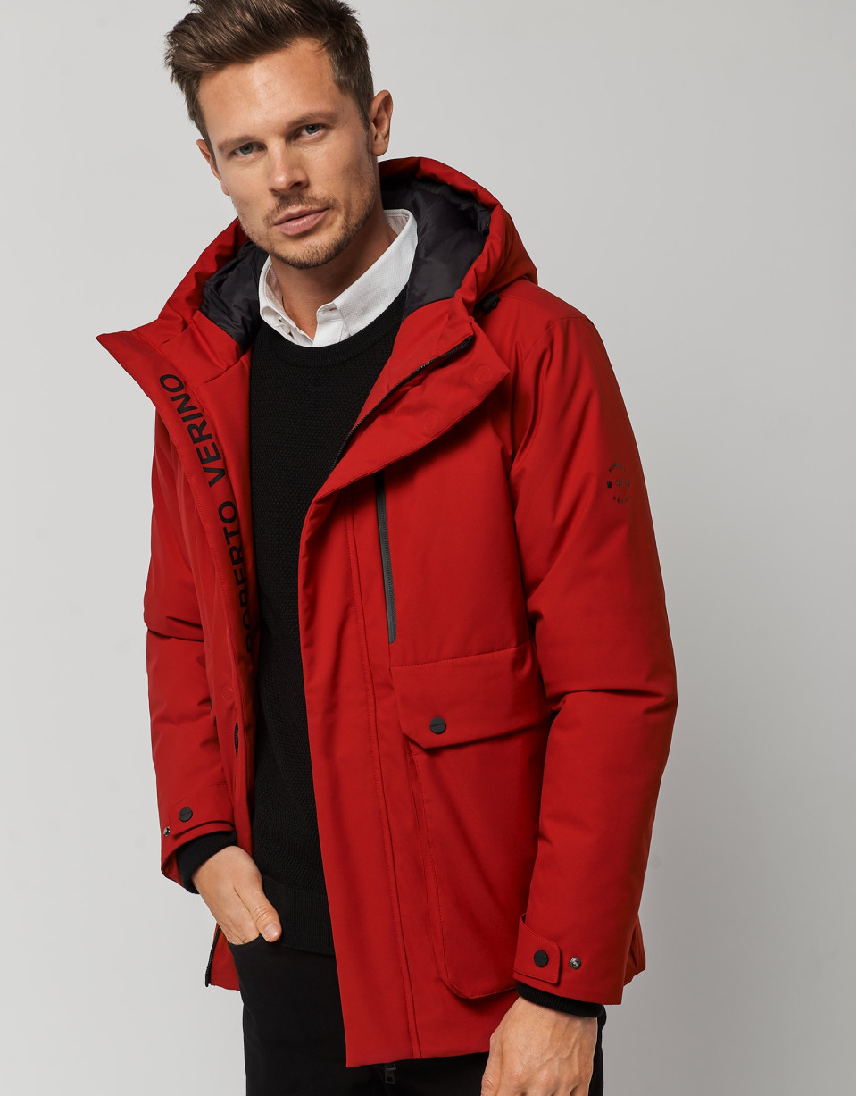 Red quilted tech fabric parka  - Man - AW2022 | Roberto Verino