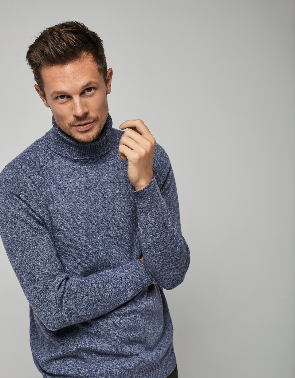 Two-tone blue wool sweater with high collar | Roberto Verino