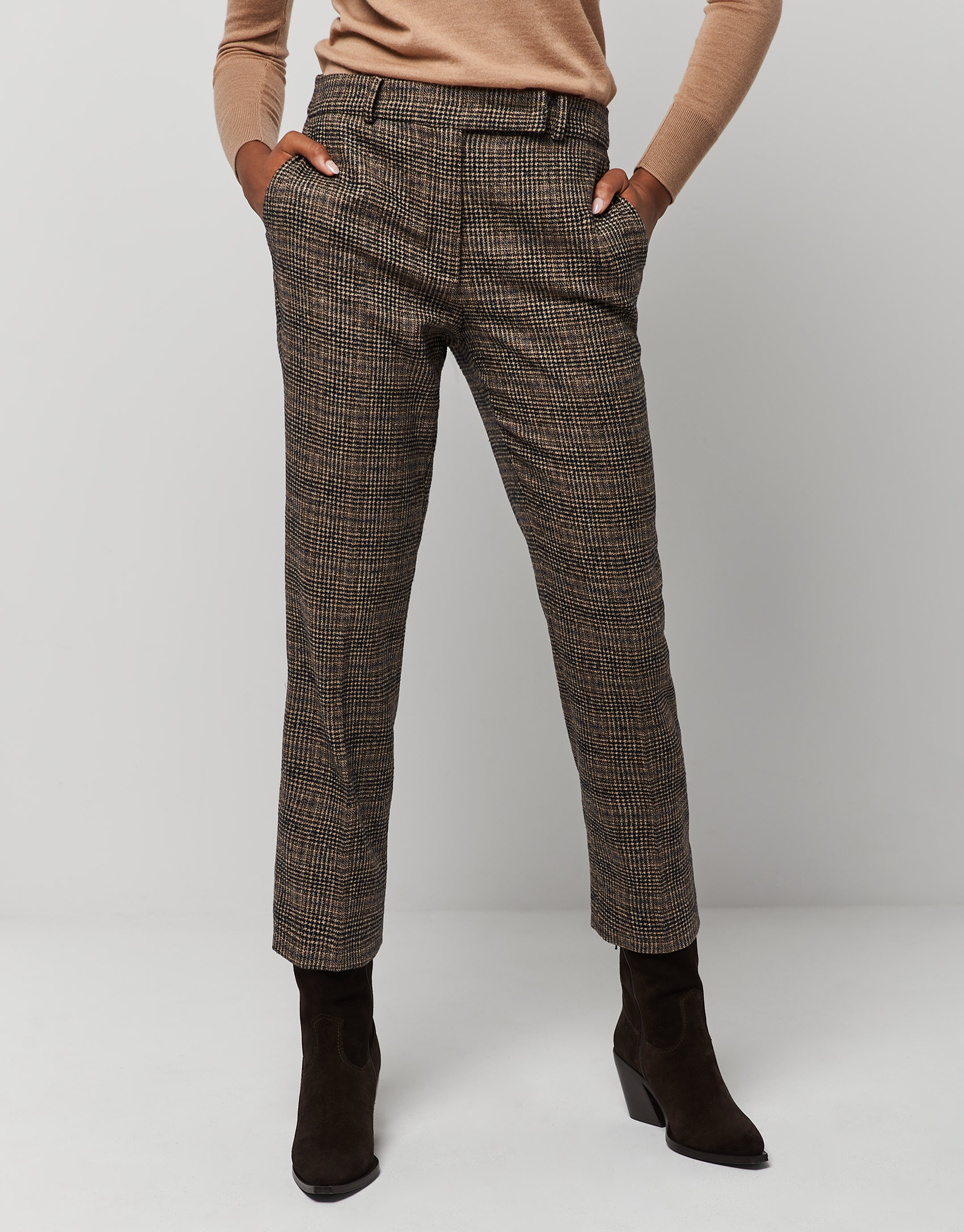 Brown checked tailored pants - Woman - AW2022 | Roberto Verino