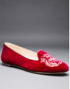 Dark red velvet shoes with embroidered shield in matching lurex 