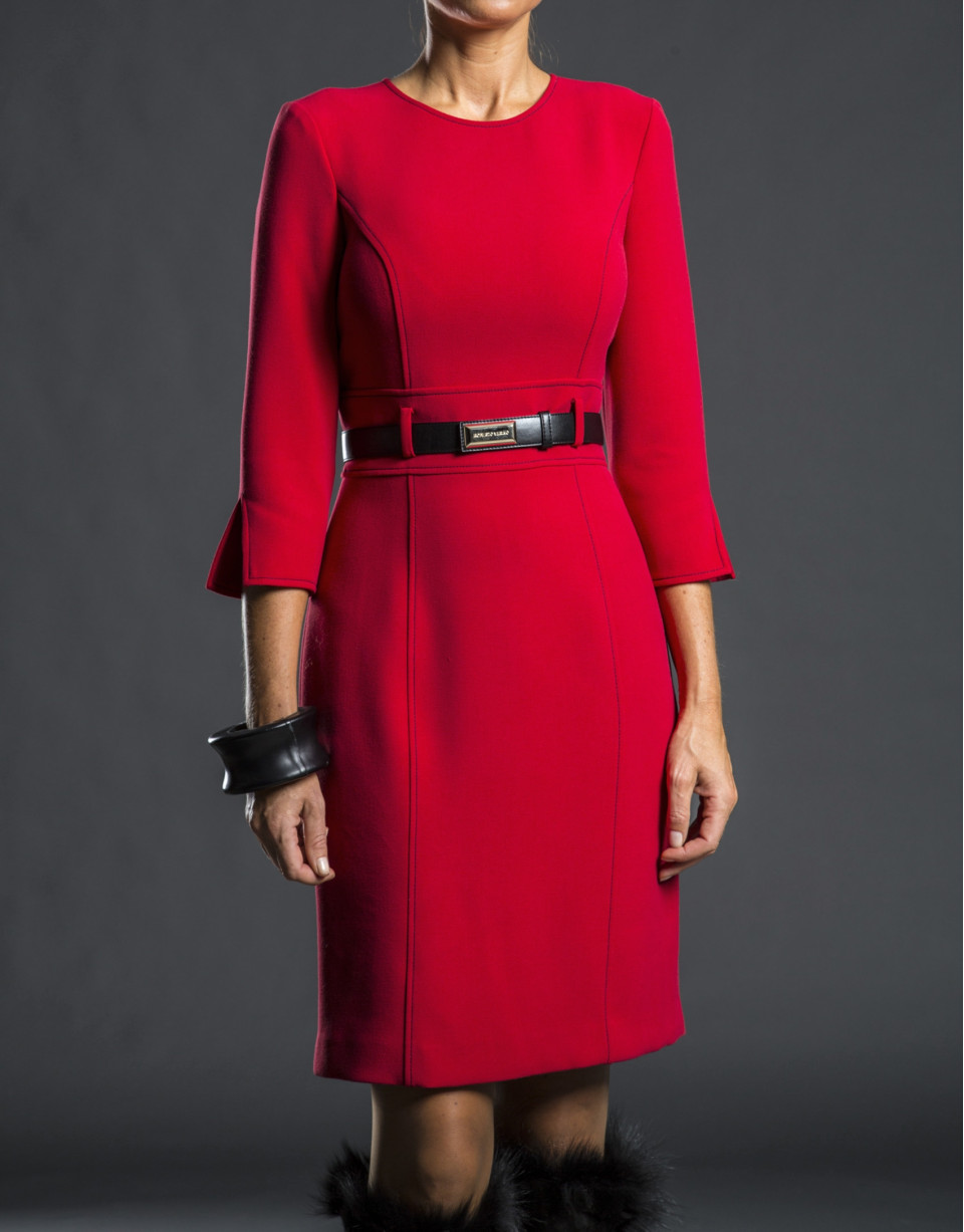 Red fitted dress with belt