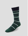 Two pairs of socks, one with a navy blue and yellow design and the other with navy blue and green stripes