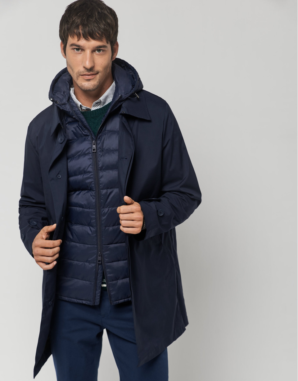 Navy blue tech fabric raincoat with blue quilted vest
