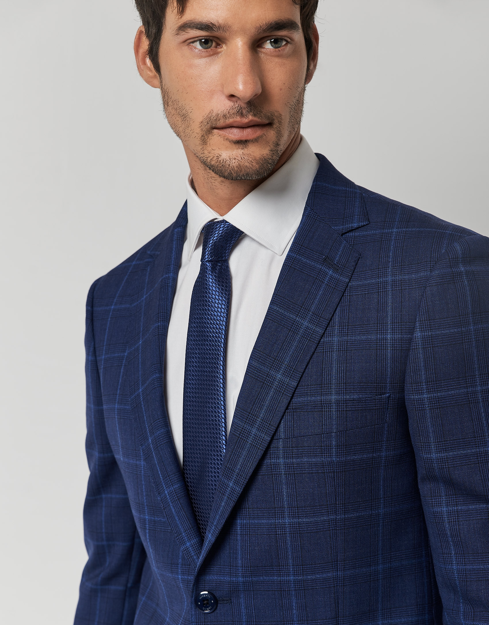 Traje half canvas slim fit cuadro azules perfil crudo