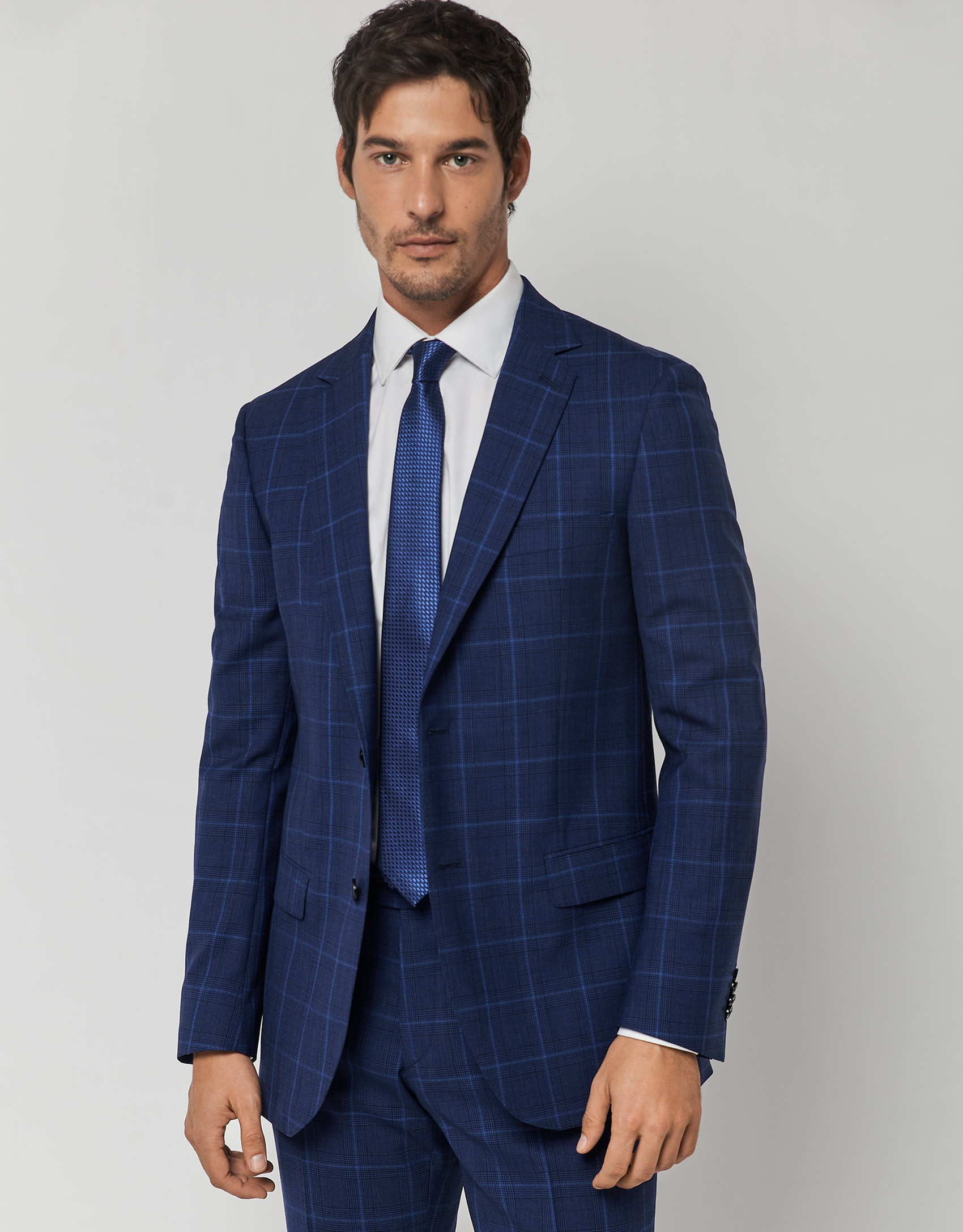 Traje half canvas slim fit cuadro azules perfil crudo