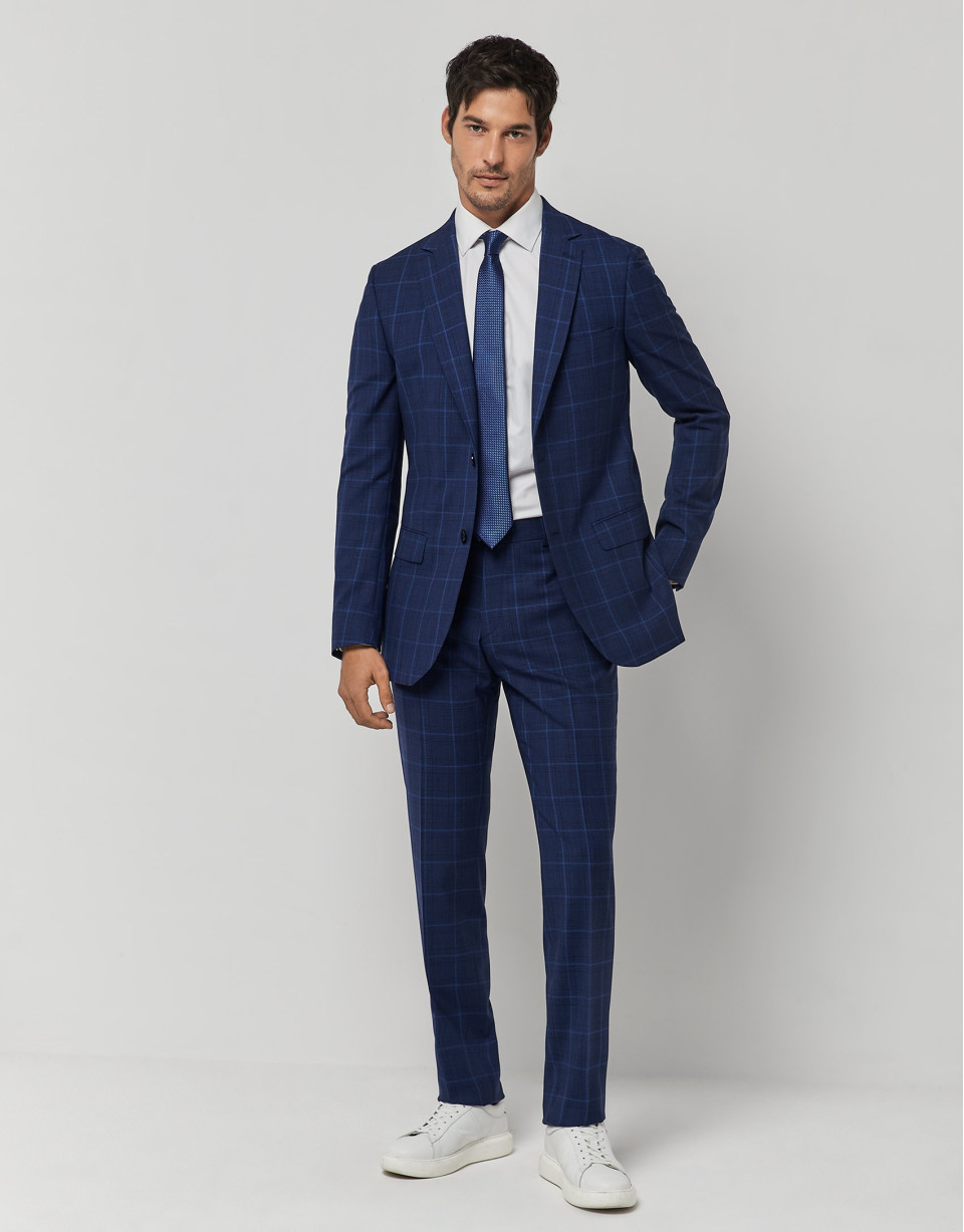 Traje half canvas slim fit cuadro azules perfil crudo
