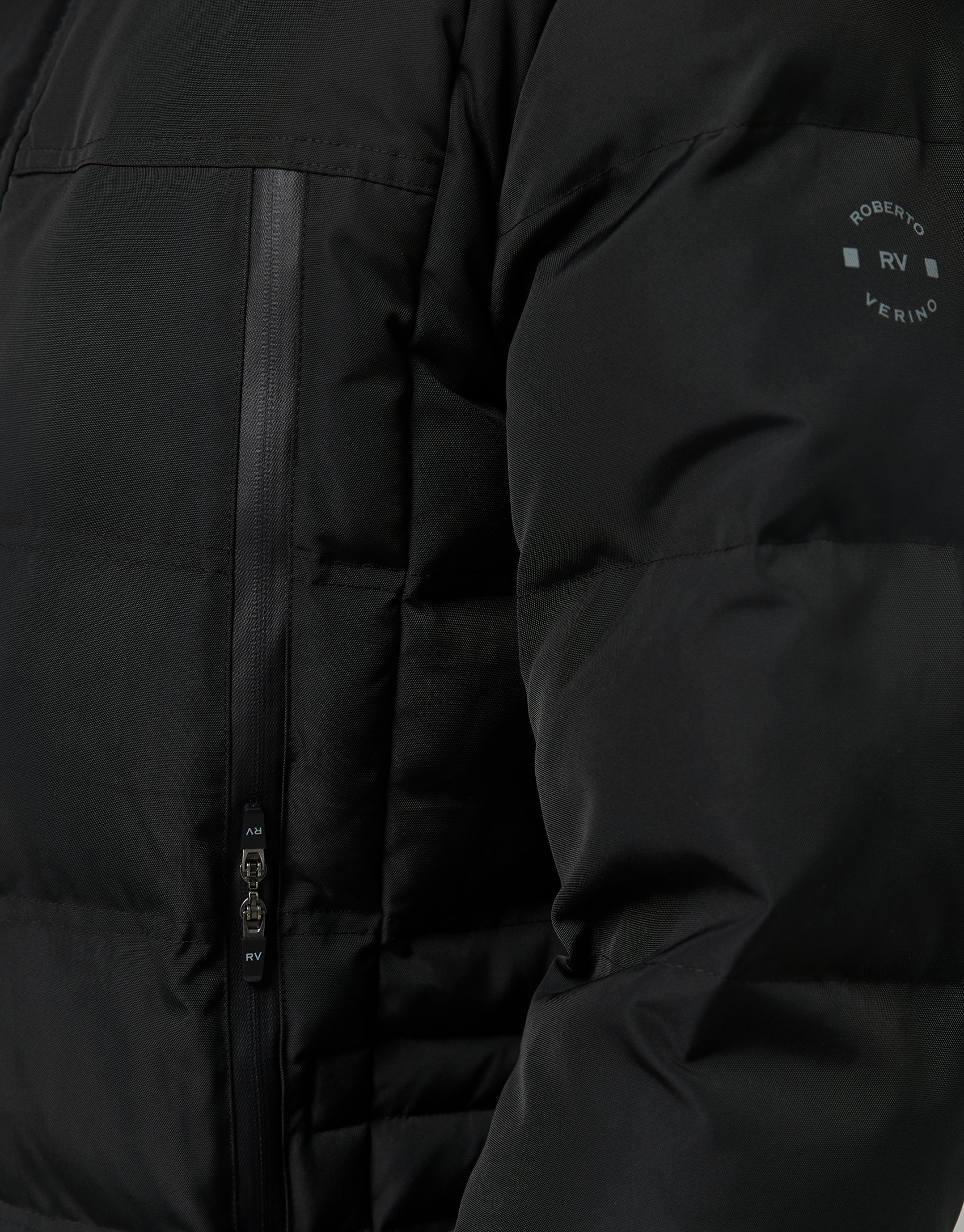 Black quilted tech fabric parka