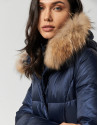 Long dark blue quilted coat with fur hood | Roberto Verino