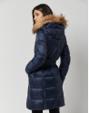 Long dark blue quilted coat with fur hood | Roberto Verino