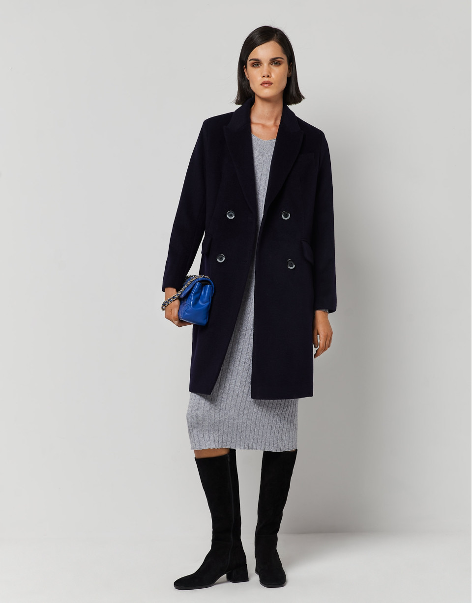 Long black wool double-breasted coat