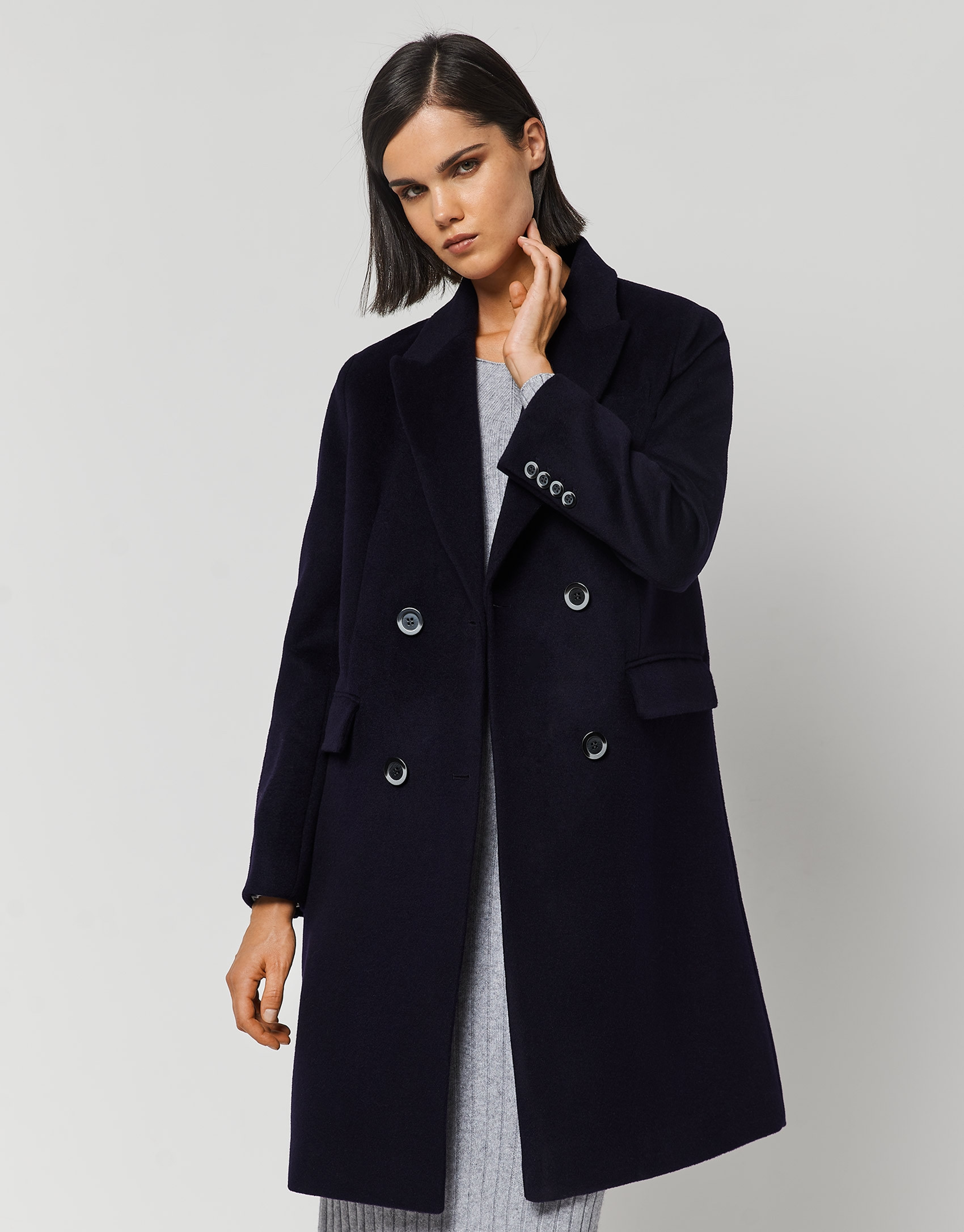 Long black wool double-breasted coat