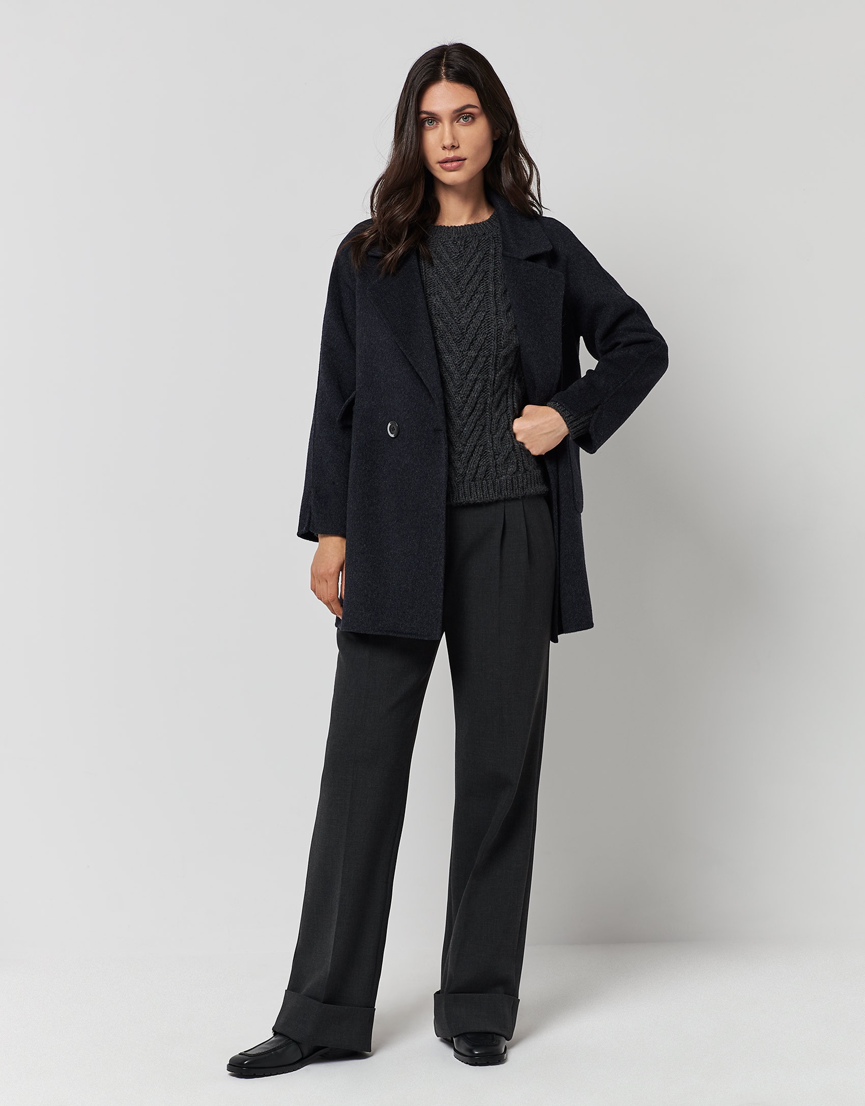 Thick cable knit and herringbone dark grey ... | Roberto Verino