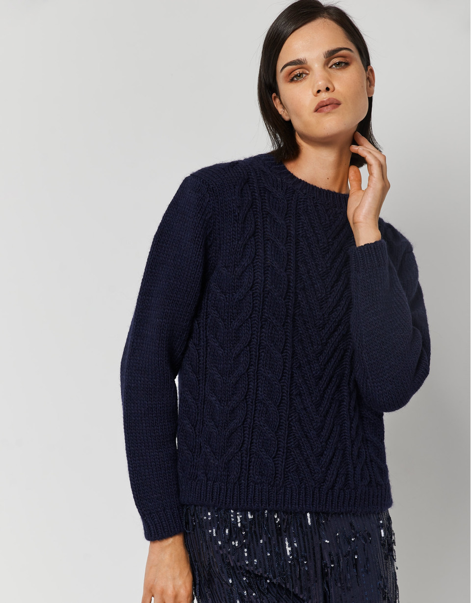 Thick cable knit and herringbone navy blue sweater