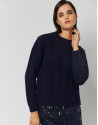Thick cable knit and herringbone navy blue sweater
