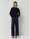 Thick cable knit and herringbone navy blue sweater