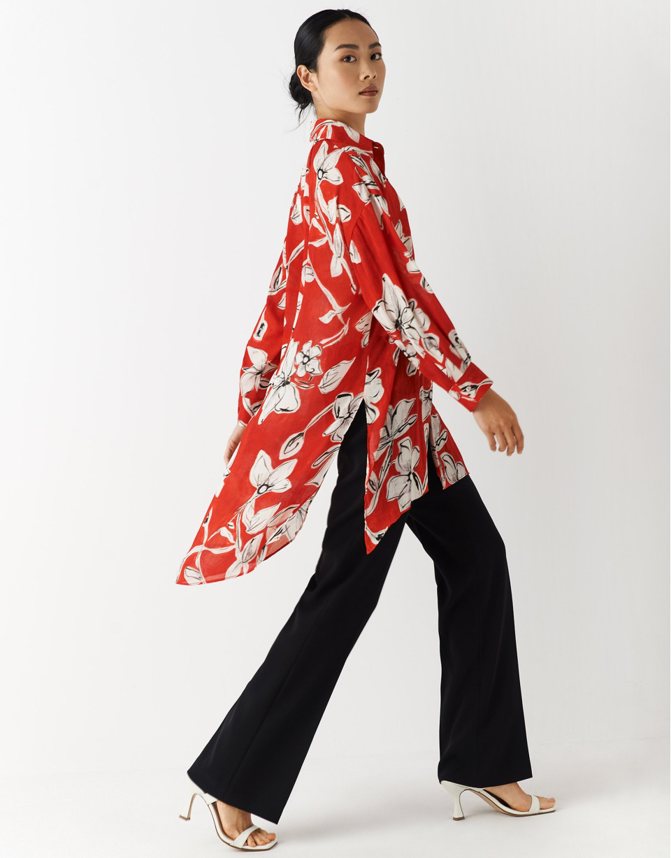 Oversize blouse with red and white floral ... | Roberto Verino