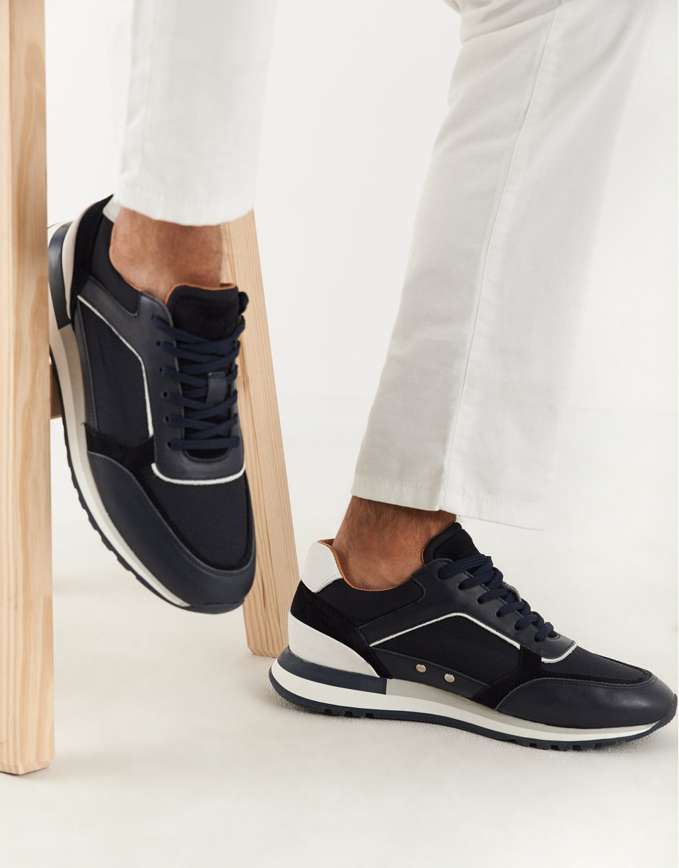 Navy blue leather and fabric running shoes | Roberto Verino
