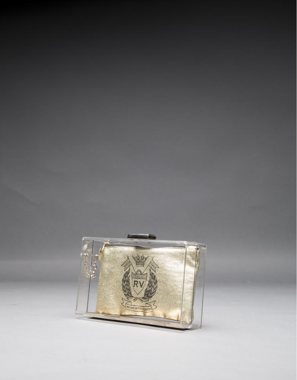 Bolso Diva en vinilo  transparente y monedero en tejido dorado
