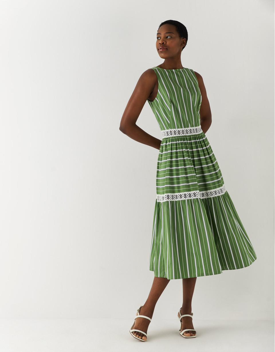 Vestido con volante algodón rayas verde/blanco