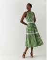 Cotton flounce dress with green and white stripes