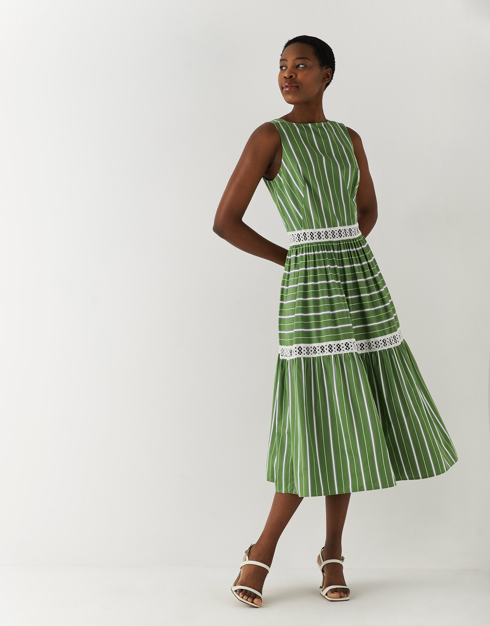 Vestido con volante algodón rayas verde/blanco