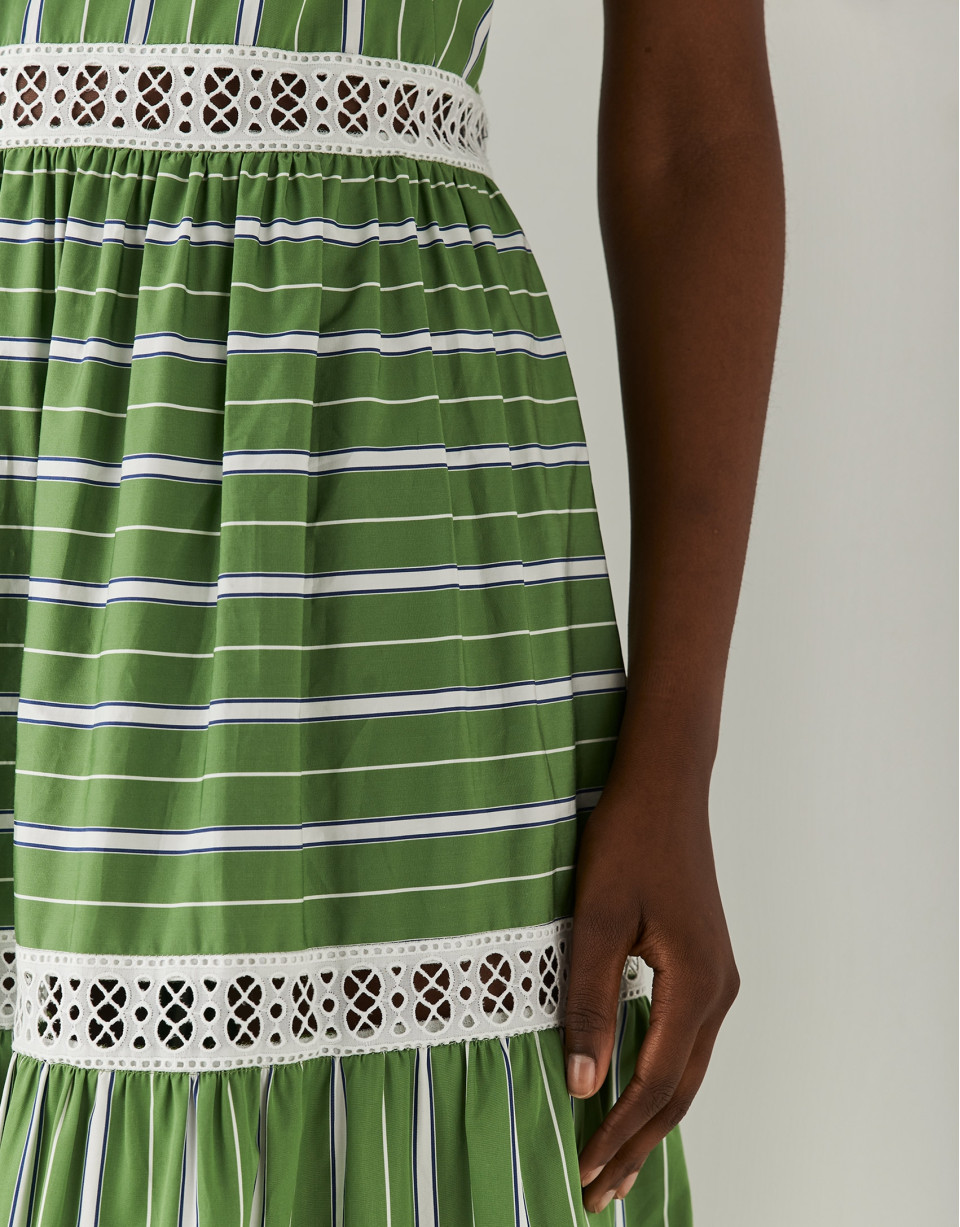 Cotton flounce dress with green and white stripes