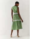 Cotton flounce dress with green and white stripes