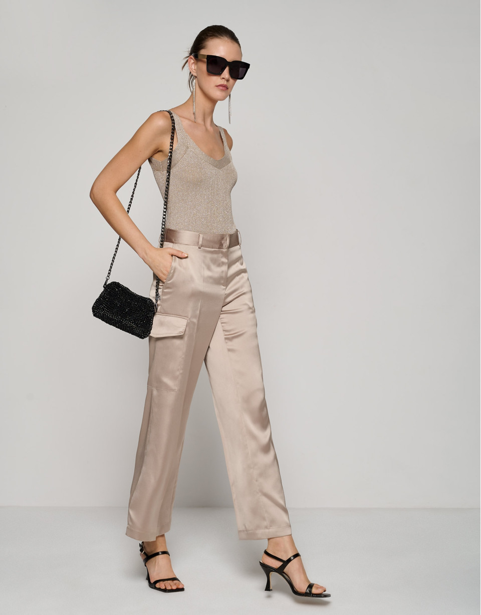 Pantalón ancho estilo cargo satén visón - Mujer | Roberto Verino