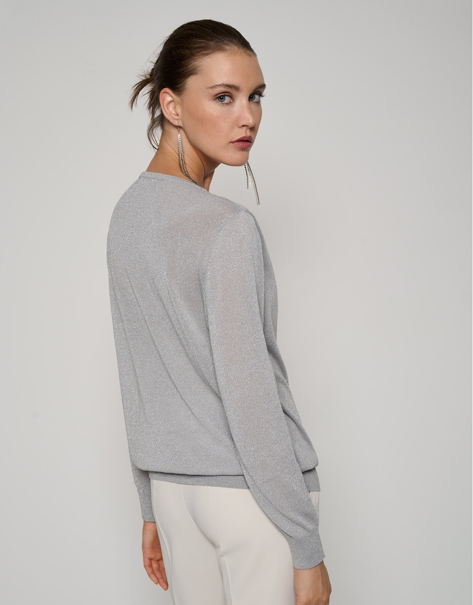 Jersey punto metalizado gris con escote pico | Roberto Verino