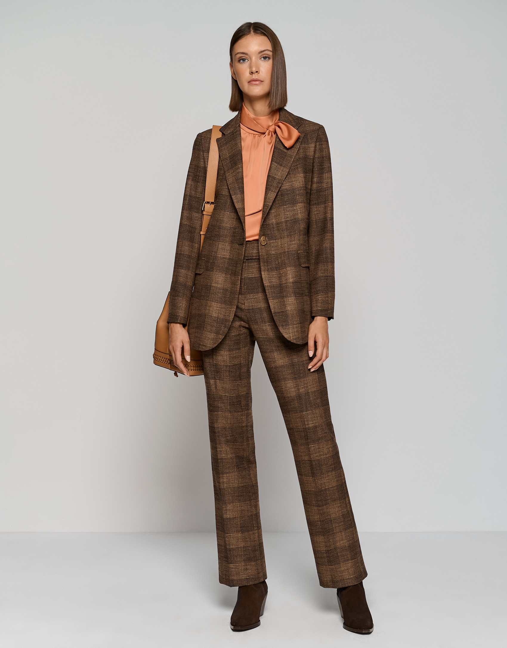 Brown glen plaid straight tailored pants | Roberto Verino