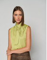 Green satin knit top with bow - Woman - AW2023 | Roberto Verino