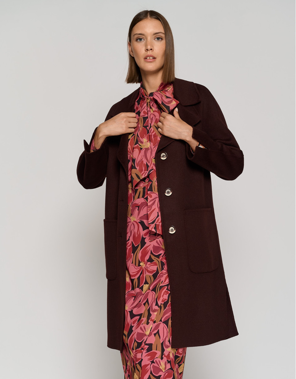 Long maroon double-faced cloth coat with side... | Roberto Verino