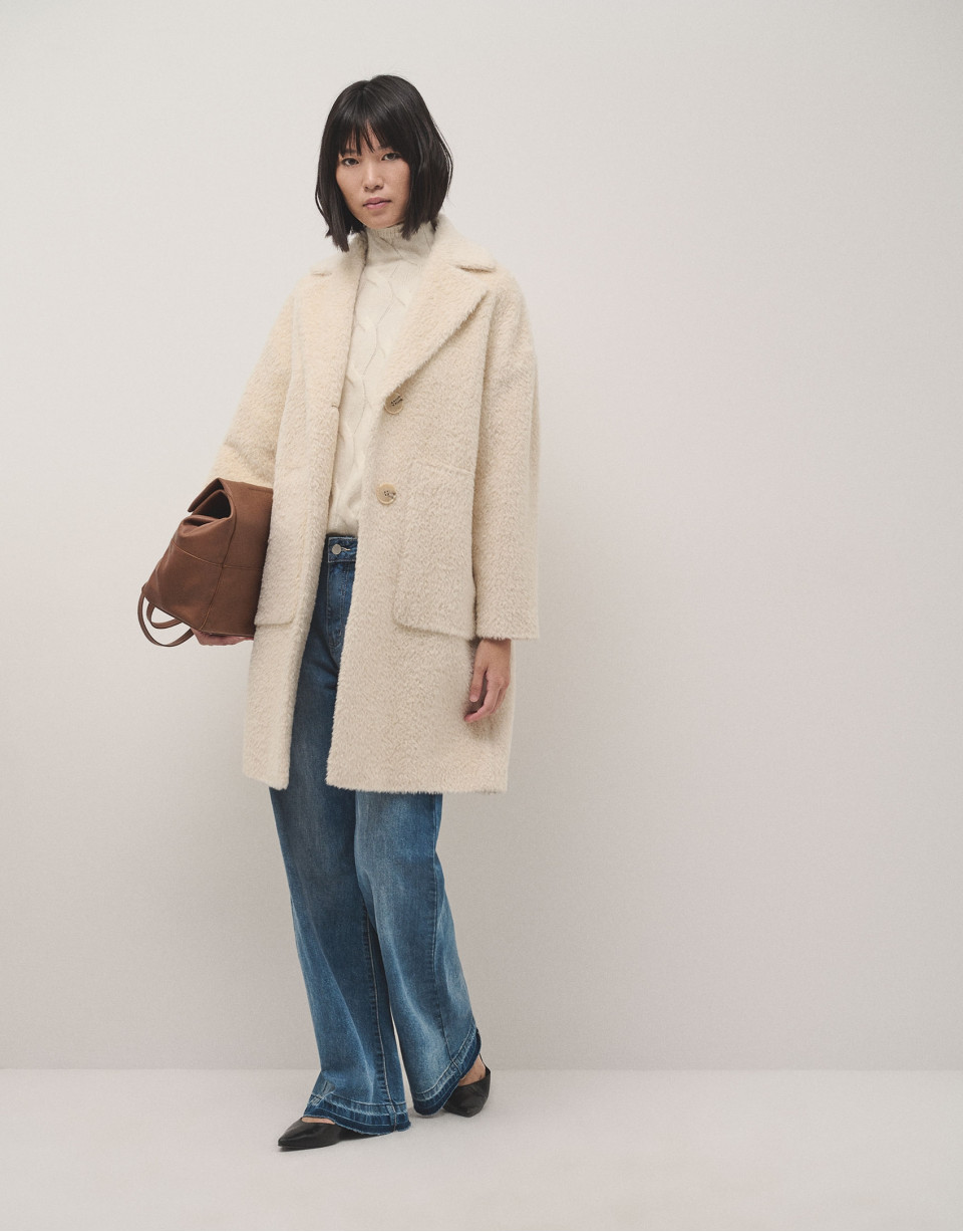 Long ecru alpaca fur and wool coat - Woman | Roberto Verino
