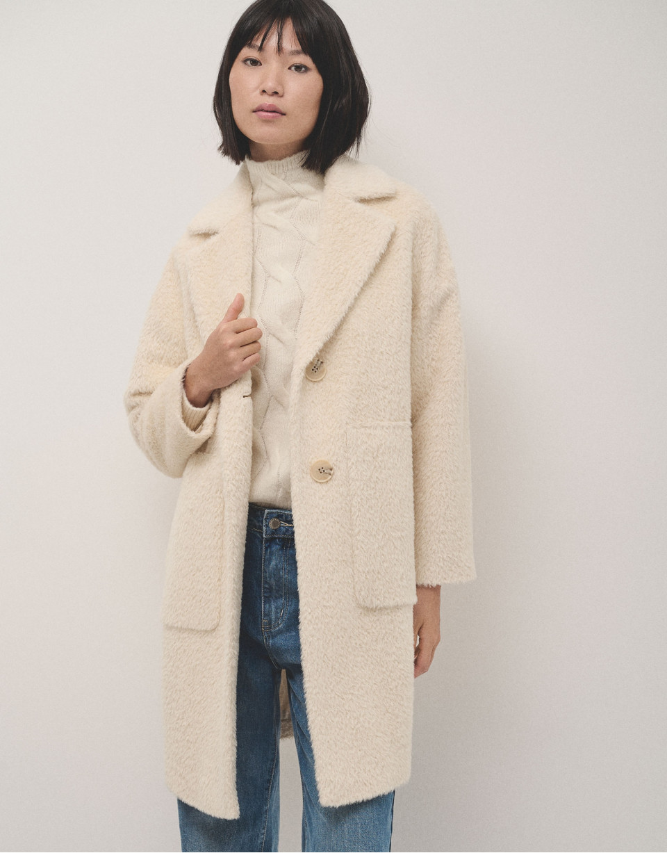 Long ecru alpaca fur and wool coat - Woman | Roberto Verino