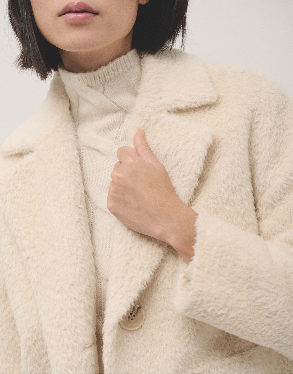 Long ecru alpaca fur and wool coat - Woman | Roberto Verino