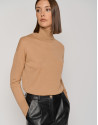 Camel fine gauge knit sweater with cowl neckline | Roberto Verino