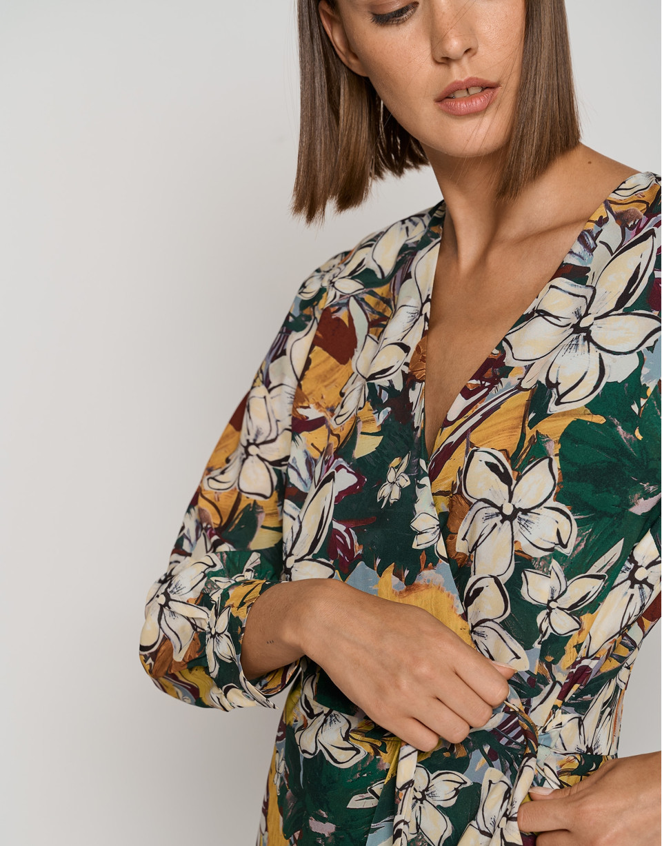 Vestido cruzado de manga larga estampado ... | Roberto Verino