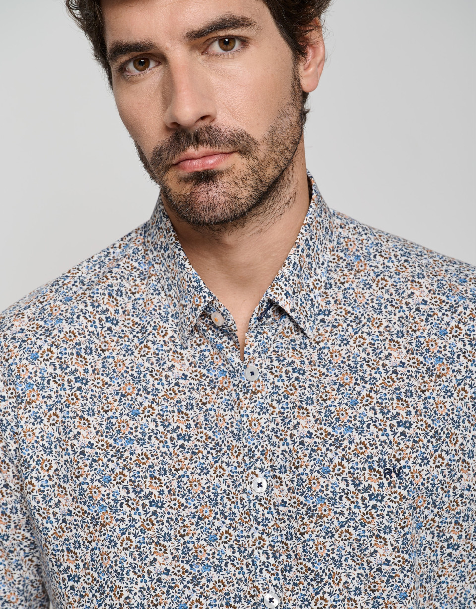 White regular sport shirt with orange floral ... | Roberto Verino