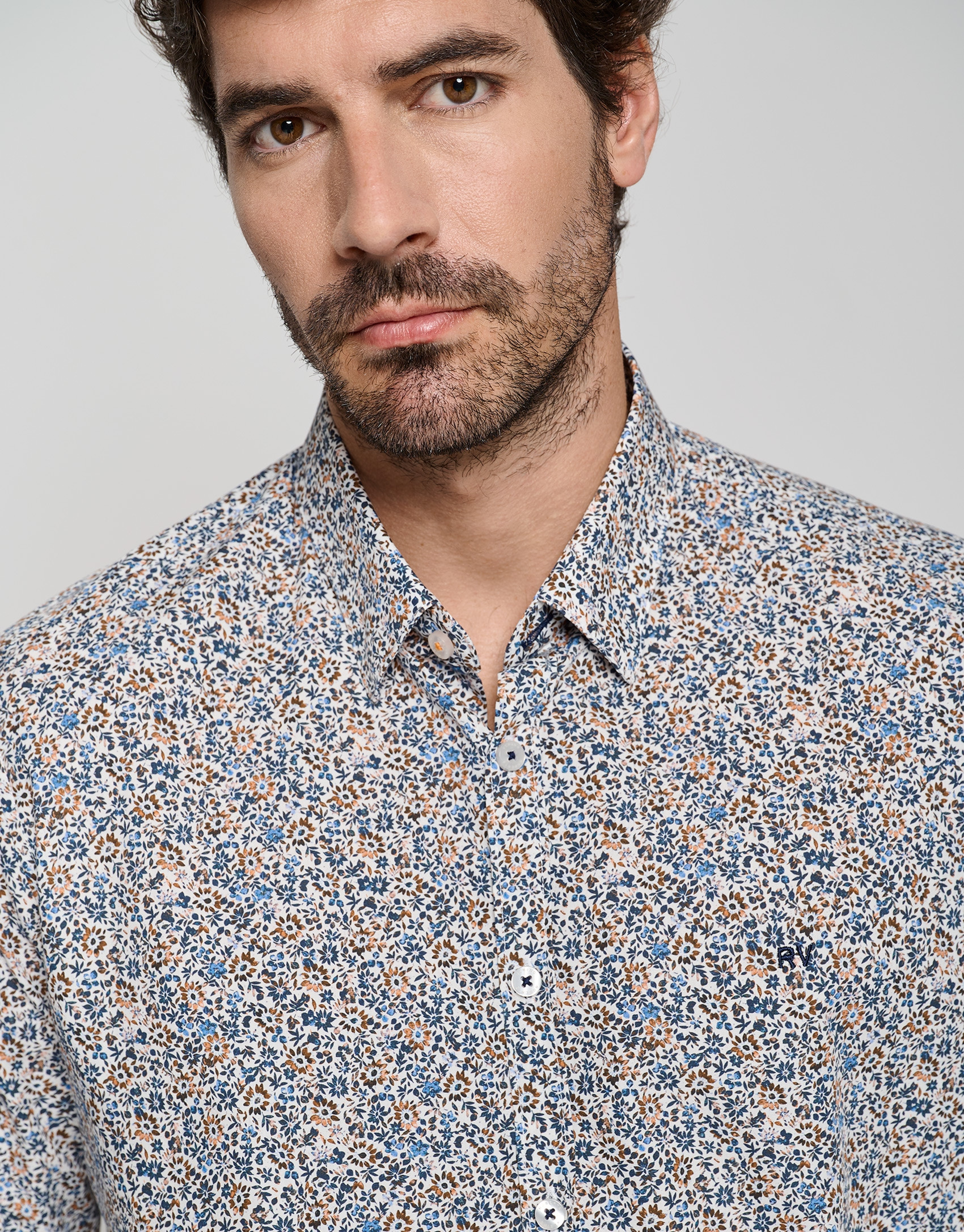 White regular sport shirt with orange floral ... | Roberto Verino