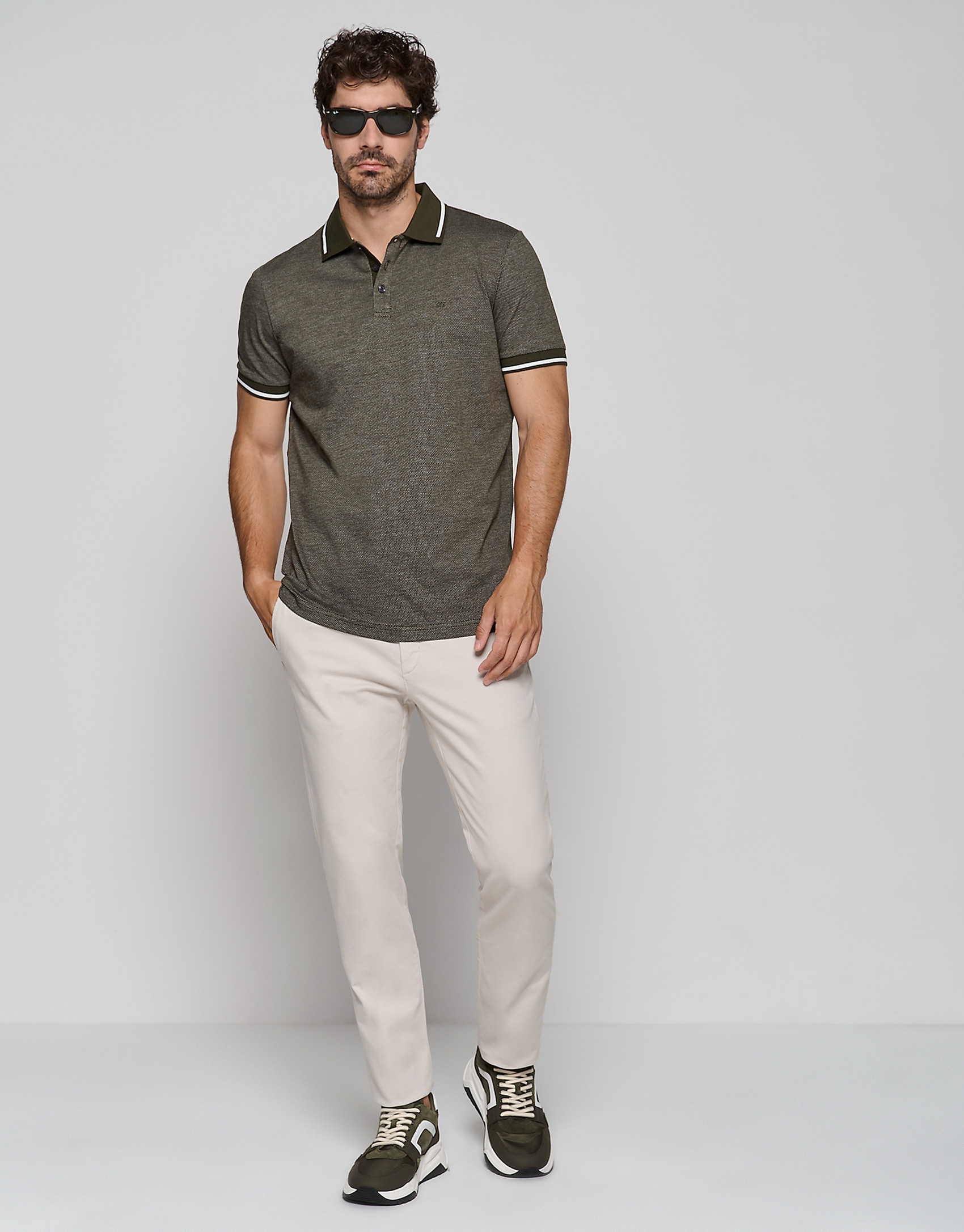 Polo jacquard mercerizado caqui y blanco | Roberto Verino